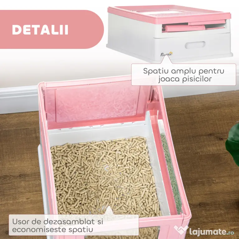 PawHut Litieră Acoperită pentru Pisici cu Lopățică Inclusă, Tavă Detașabilă și 2 Uși, 47,5x35,5x36,7 cm, Roz | Aosom Romania