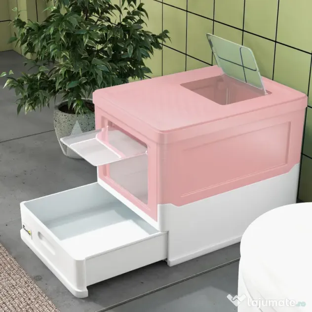 PawHut Litieră Acoperită pentru Pisici cu Lopățică Inclusă, Tavă Detașabilă și 2 Uși, 47,5x35,5x36,7 cm, Roz | Aosom Romania