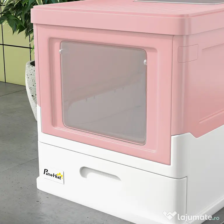 PawHut Litieră Acoperită pentru Pisici cu Lopățică Inclusă, Tavă Detașabilă și 2 Uși, 47,5x35,5x36,7 cm, Roz | Aosom Romania