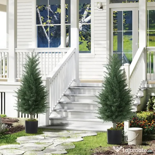 Outsunny Set 2 Plante Artificiale de Chiparos cu 362 Frunze și Ghiveci cu Ciment și Mușchi, Plante Rezistente la UV, Ø40x90 cm, Verde | Aosom Romania