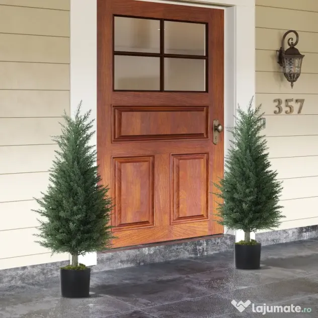 Outsunny Set 2 Plante Artificiale de Chiparos cu 362 Frunze și Ghiveci cu Ciment și Mușchi, Plante Rezistente la UV, Ø40x90 cm, Verde | Aosom Romania