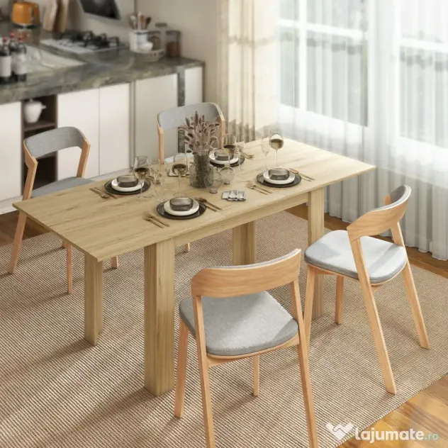 HOMCOM Masa extensibilă, 140-180 cm, finisaj lemn natural, pentru 6-8 persoane | Aosom Romania