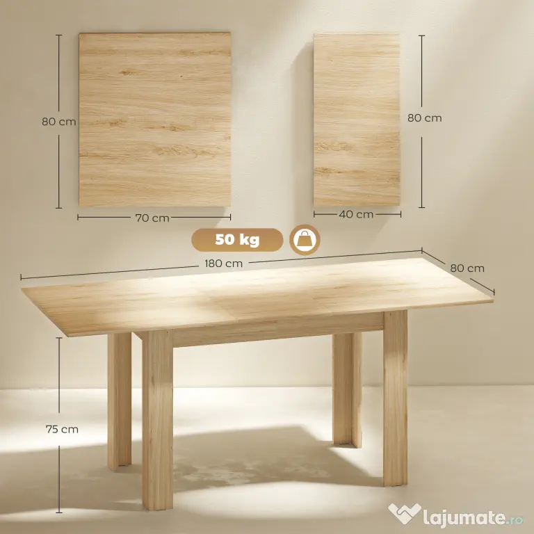 HOMCOM Masa extensibilă, 140-180 cm, finisaj lemn natural, pentru 6-8 persoane | Aosom Romania