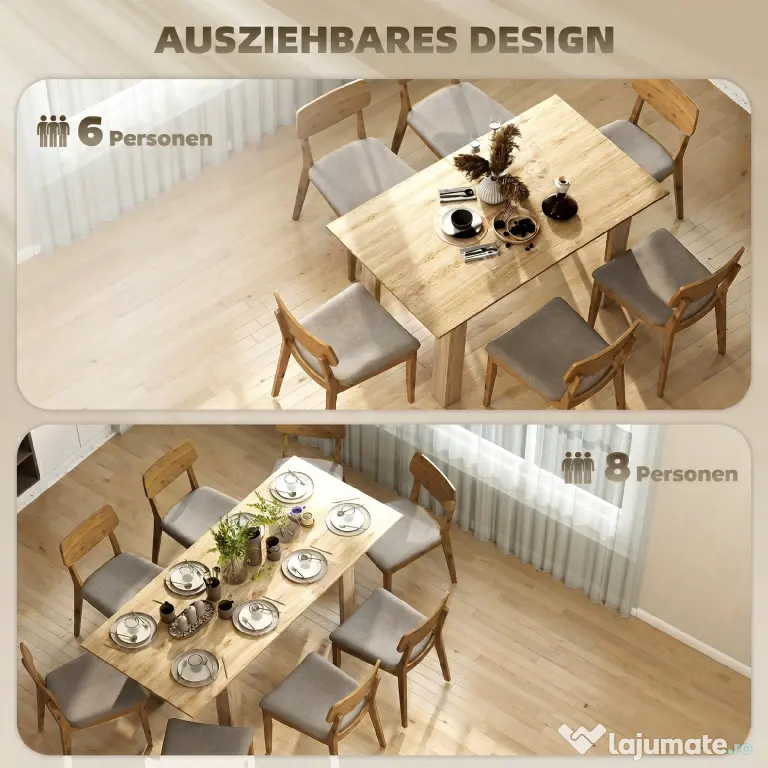 HOMCOM Masa extensibilă, 140-180 cm, finisaj lemn natural, pentru 6-8 persoane | Aosom Romania