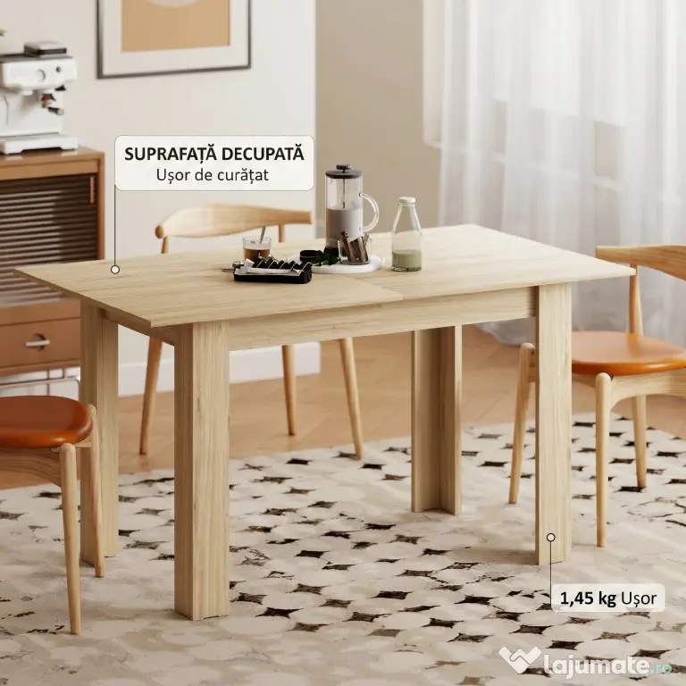 HOMCOM Masa extensibilă, 140-180 cm, finisaj lemn natural, pentru 6-8 persoane | Aosom Romania