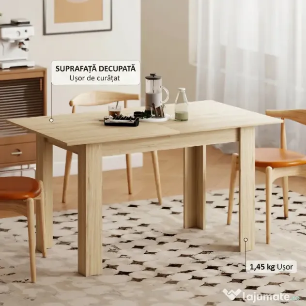 HOMCOM Masa extensibilă, 140-180 cm, finisaj lemn natural, pentru 6-8 persoane | Aosom Romania