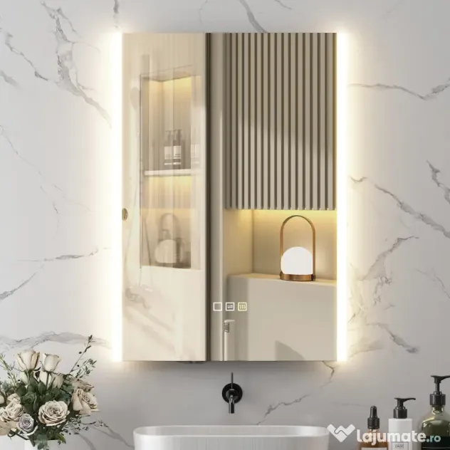 HOMCOM Oglindă de Baie cu Lumină LED în 3 Culori și Funcție Memorie, din Sticlă Temperată, 70x50x3 cm, Argintiu