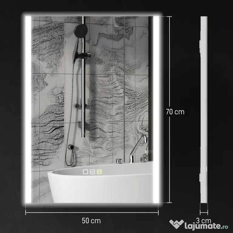 HOMCOM Oglindă de Baie cu Lumină LED în 3 Culori și Funcție Memorie, din Sticlă Temperată, 70x50x3 cm, Argintiu