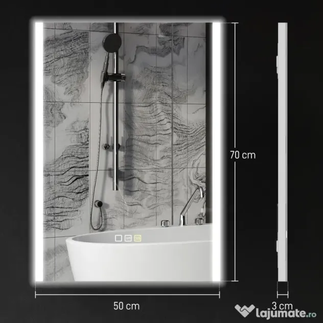 HOMCOM Oglindă de Baie cu Lumină LED în 3 Culori și Funcție Memorie, din Sticlă Temperată, 70x50x3 cm, Argintiu