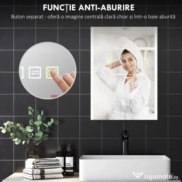 HOMCOM Oglindă de Baie cu Lumină LED în 3 Culori și Funcție Memorie, din Sticlă Temperată, 70x50x3 cm, Argintiu