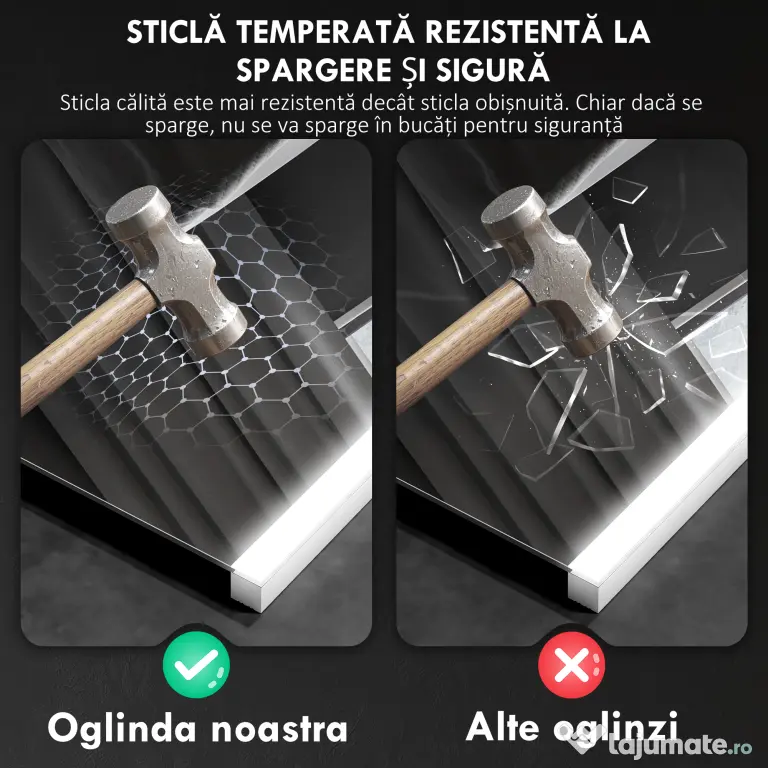 HOMCOM Oglindă de Baie cu Lumină LED în 3 Culori și Funcție Memorie, din Sticlă Temperată, 70x50x3 cm, Argintiu
