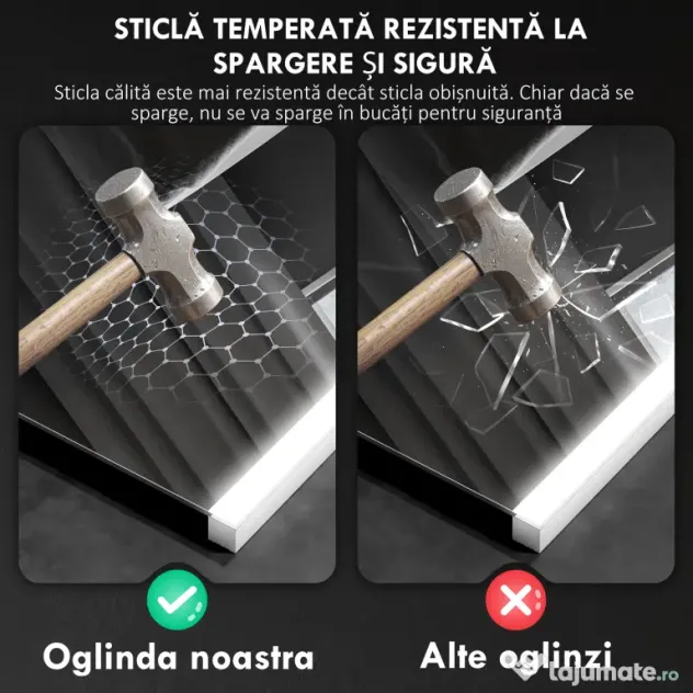 HOMCOM Oglindă de Baie cu Lumină LED în 3 Culori și Funcție Memorie, din Sticlă Temperată, 70x50x3 cm, Argintiu