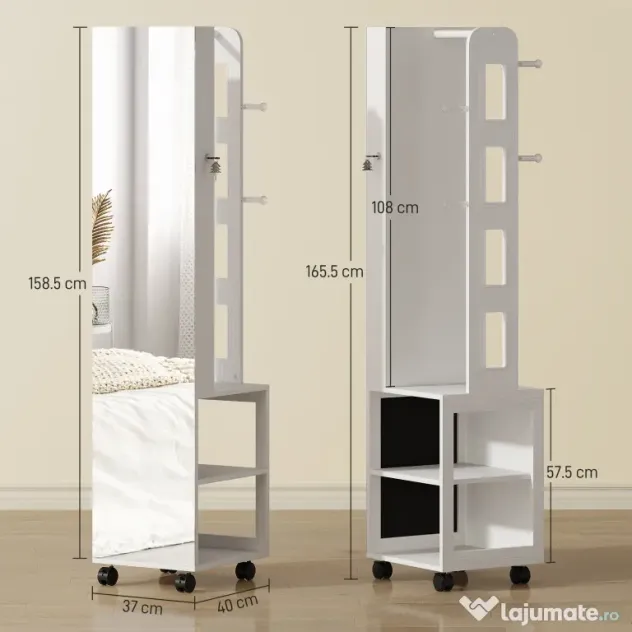 HOMCOM Dulap pentru Bijuterii cu Oglindă Rotativă 360°, Lumină LED Reglabilă, Încuietoare și Rafturi, 37x40x165,5 cm, Negru