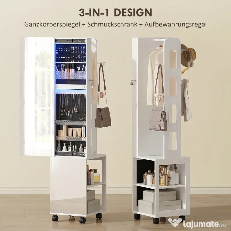 HOMCOM Dulap pentru Bijuterii cu Oglindă Rotativă 360°, Lumină LED Reglabilă, Încuietoare și Rafturi, 37x40x165,5 cm, Negru