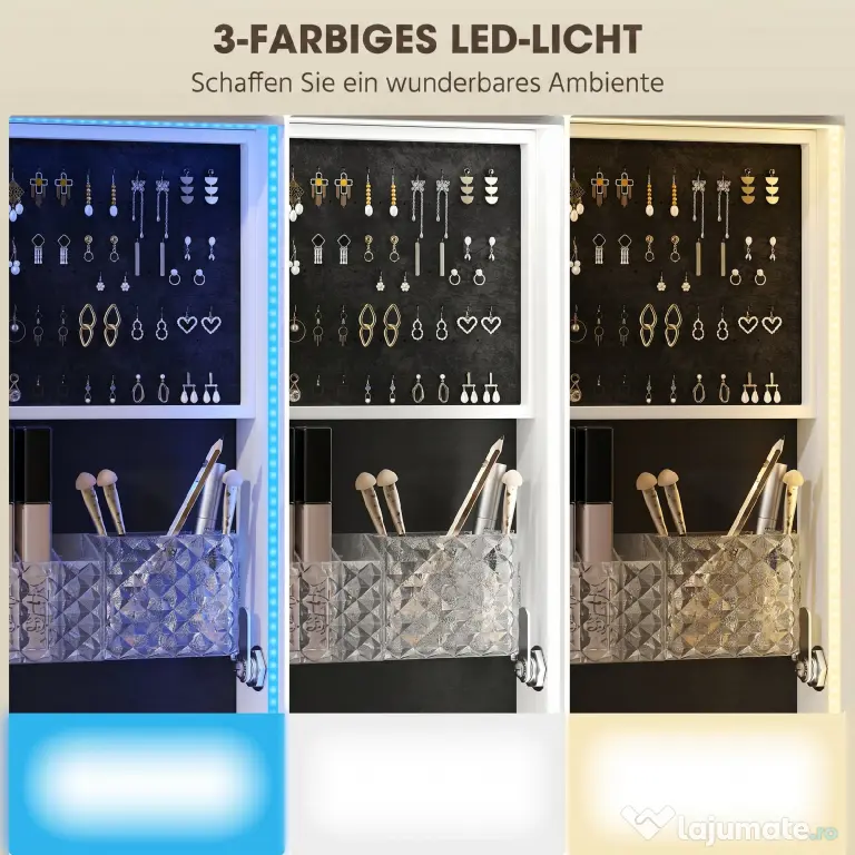 HOMCOM Dulap pentru Bijuterii cu Oglindă Rotativă 360°, Lumină LED Reglabilă, Încuietoare și Rafturi, 37x40x165,5 cm, Negru