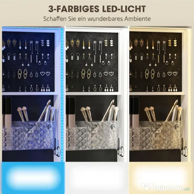 HOMCOM Dulap pentru Bijuterii cu Oglindă Rotativă 360°, Lumină LED Reglabilă, Încuietoare și Rafturi, 37x40x165,5 cm, Negru