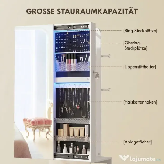 HOMCOM Dulap pentru Bijuterii cu Oglindă Rotativă 360°, Lumină LED Reglabilă, Încuietoare și Rafturi, 37x40x165,5 cm, Negru