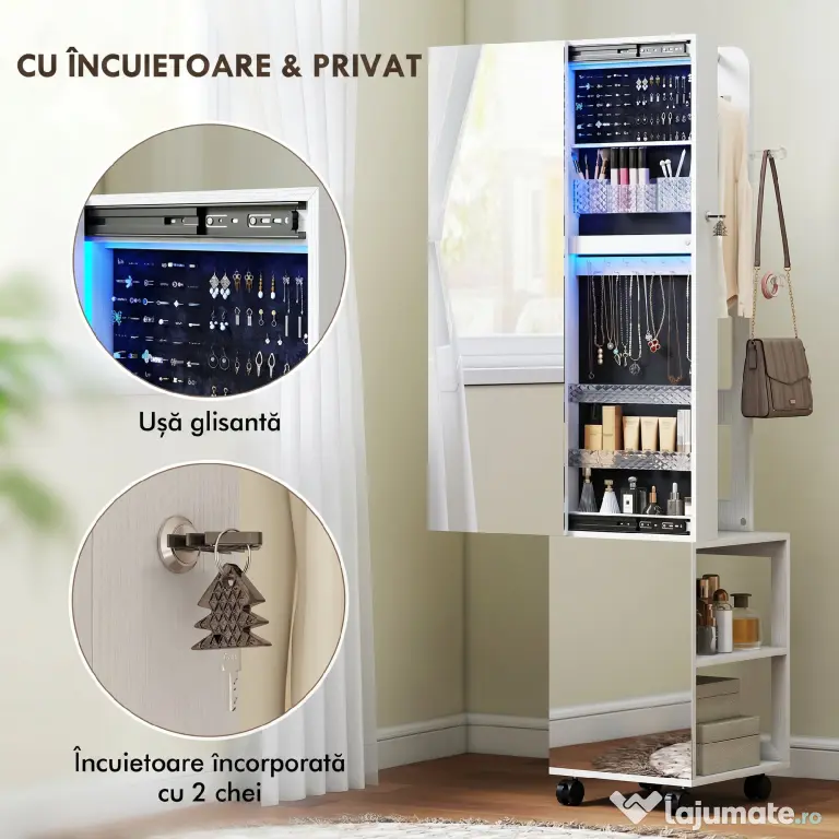 HOMCOM Dulap pentru Bijuterii cu Oglindă Rotativă 360°, Lumină LED Reglabilă, Încuietoare și Rafturi, 37x40x165,5 cm, Negru