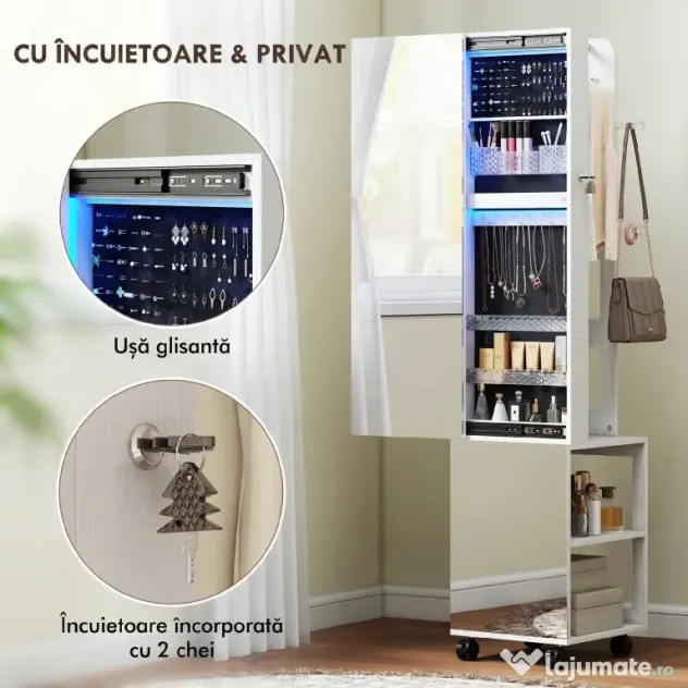 HOMCOM Dulap pentru Bijuterii cu Oglindă Rotativă 360°, Lumină LED Reglabilă, Încuietoare și Rafturi, 37x40x165,5 cm, Negru