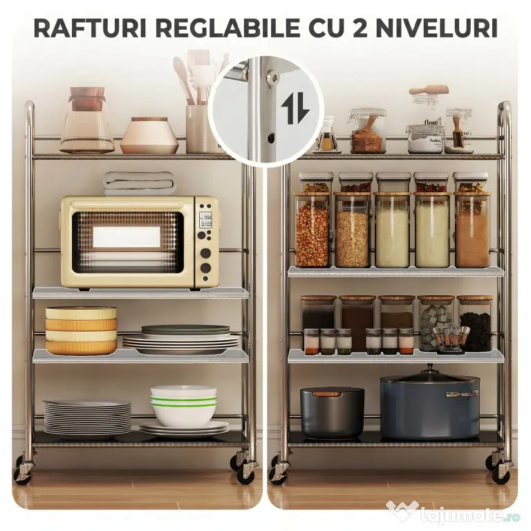 HOMCOM Cărucior de Bucătărie din Oțel Inoxidabil cu 4 Nivele și Rafturi Reglabile - Argintiu | Aosom Romania
