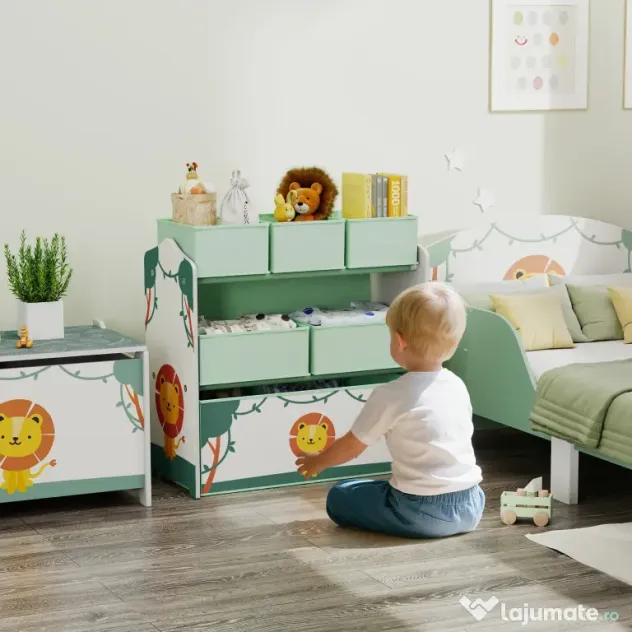 AIYAPLAY Raft pentru Jucării Copii cu 3 Niveluri și 6 Containere Detașabile din Material Textil, Mobilier Organizator pentru Dormitor, Cameră de Joacă și Sufragerie, Verde | Aosom Romania