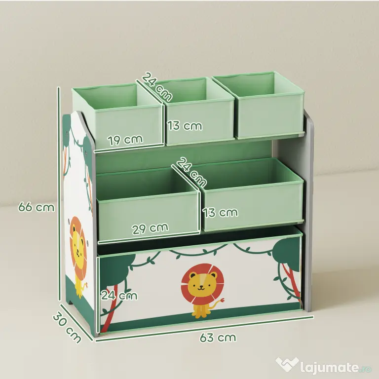 AIYAPLAY Raft pentru Jucării Copii cu 3 Niveluri și 6 Containere Detașabile din Material Textil, Mobilier Organizator pentru Dormitor, Cameră de Joacă și Sufragerie, Verde | Aosom Romania