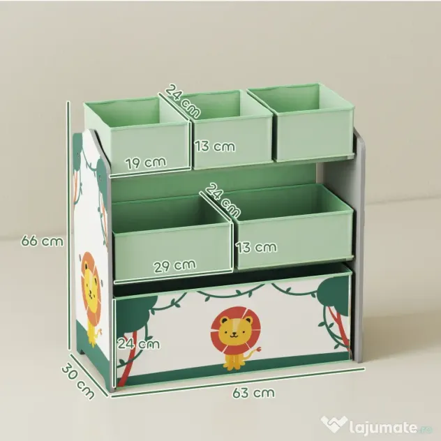 AIYAPLAY Raft pentru Jucării Copii cu 3 Niveluri și 6 Containere Detașabile din Material Textil, Mobilier Organizator pentru Dormitor, Cameră de Joacă și Sufragerie, Verde | Aosom Romania