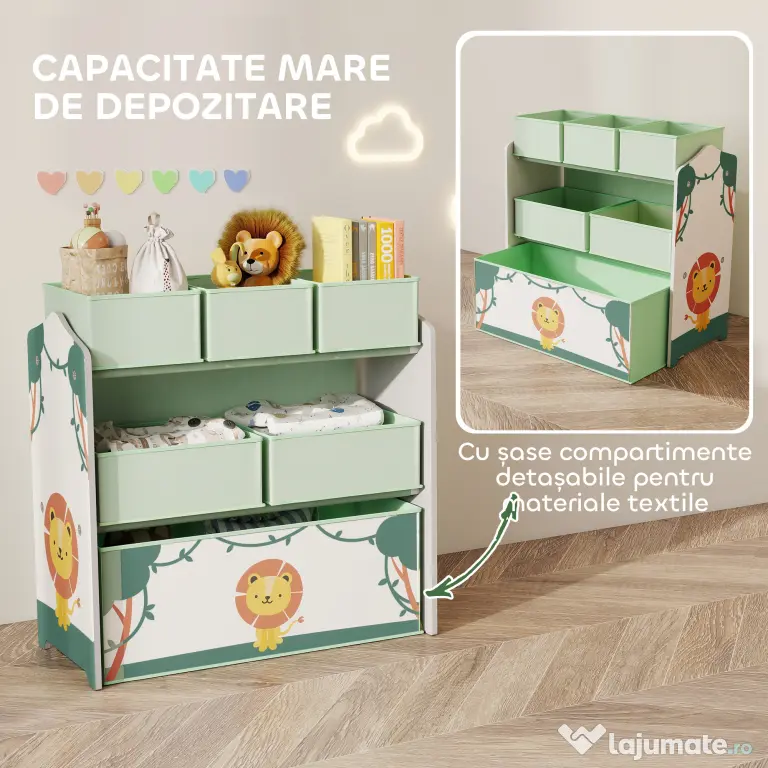 AIYAPLAY Raft pentru Jucării Copii cu 3 Niveluri și 6 Containere Detașabile din Material Textil, Mobilier Organizator pentru Dormitor, Cameră de Joacă și Sufragerie, Verde | Aosom Romania