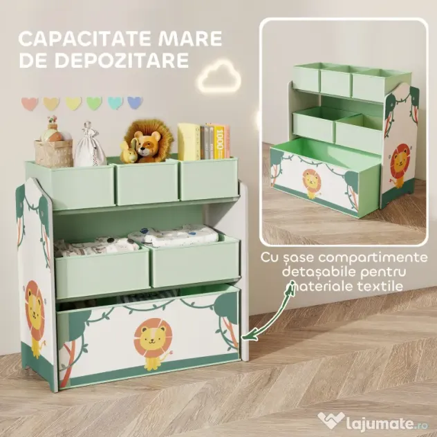 AIYAPLAY Raft pentru Jucării Copii cu 3 Niveluri și 6 Containere Detașabile din Material Textil, Mobilier Organizator pentru Dormitor, Cameră de Joacă și Sufragerie, Verde | Aosom Romania