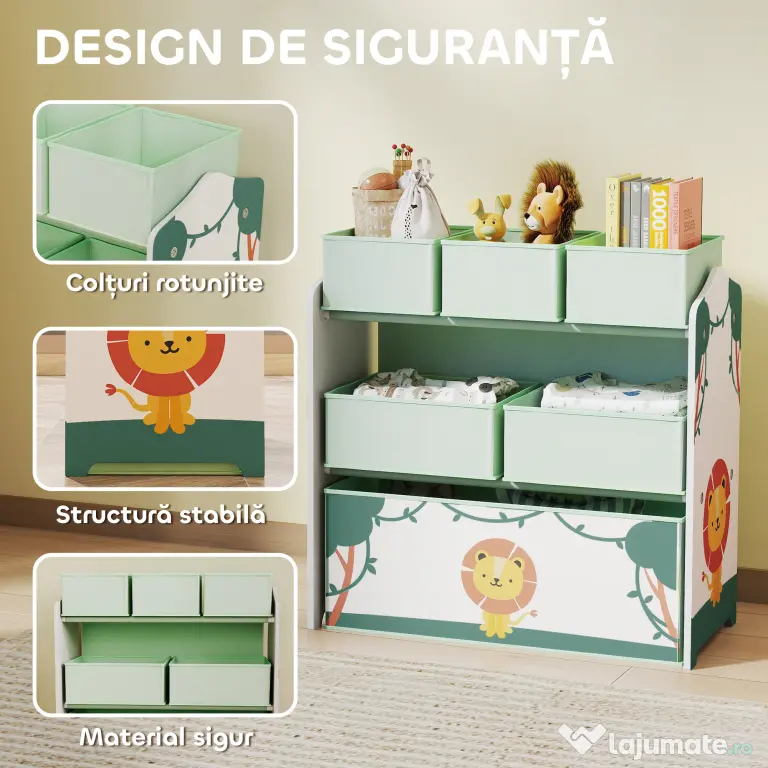 AIYAPLAY Raft pentru Jucării Copii cu 3 Niveluri și 6 Containere Detașabile din Material Textil, Mobilier Organizator pentru Dormitor, Cameră de Joacă și Sufragerie, Verde | Aosom Romania