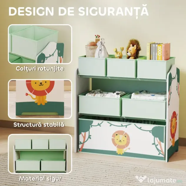 AIYAPLAY Raft pentru Jucării Copii cu 3 Niveluri și 6 Containere Detașabile din Material Textil, Mobilier Organizator pentru Dormitor, Cameră de Joacă și Sufragerie, Verde | Aosom Romania