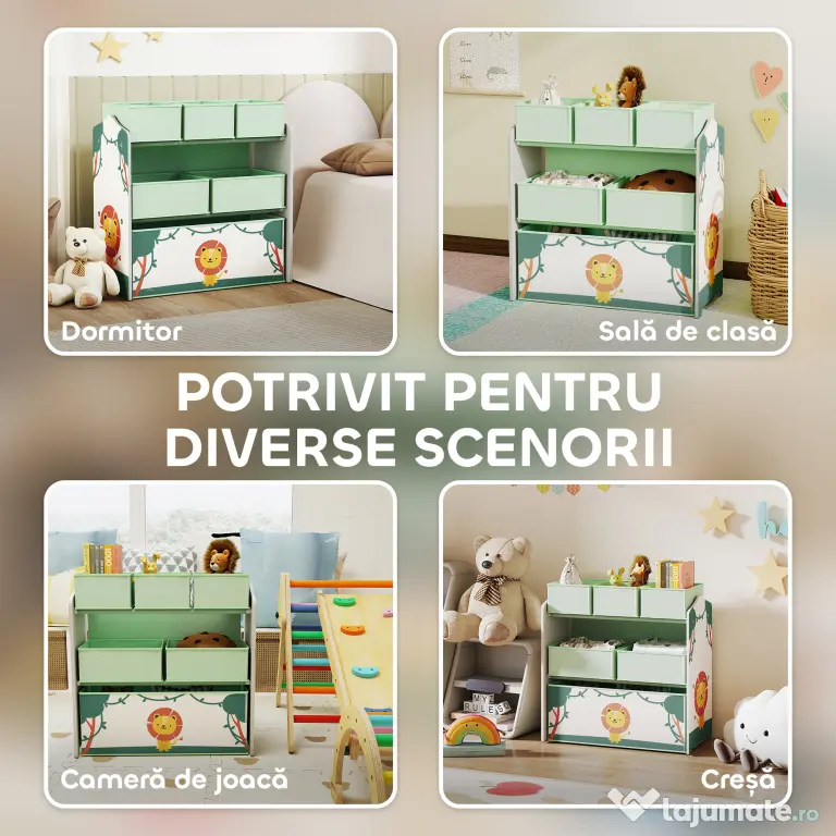 AIYAPLAY Raft pentru Jucării Copii cu 3 Niveluri și 6 Containere Detașabile din Material Textil, Mobilier Organizator pentru Dormitor, Cameră de Joacă și Sufragerie, Verde | Aosom Romania