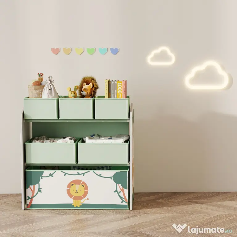 AIYAPLAY Raft pentru Jucării Copii cu 3 Niveluri și 6 Containere Detașabile din Material Textil, Mobilier Organizator pentru Dormitor, Cameră de Joacă și Sufragerie, Verde | Aosom Romania