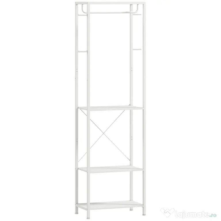 HOMCOM Cuiere de Intrare cu Suport pentru Încălțăminte, Bară pentru Haine, 4 Cârlige, Raft Superior și 2 Rafturi pentru Încălțăminte, 52x30x180 cm, Alb | Aosom Romania