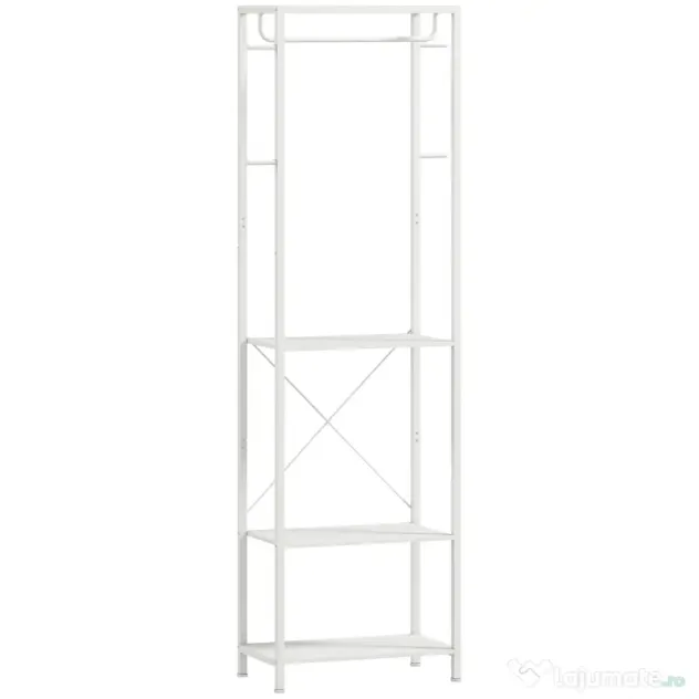 HOMCOM Cuiere de Intrare cu Suport pentru Încălțăminte, Bară pentru Haine, 4 Cârlige, Raft Superior și 2 Rafturi pentru Încălțăminte, 52x30x180 cm, Alb | Aosom Romania
