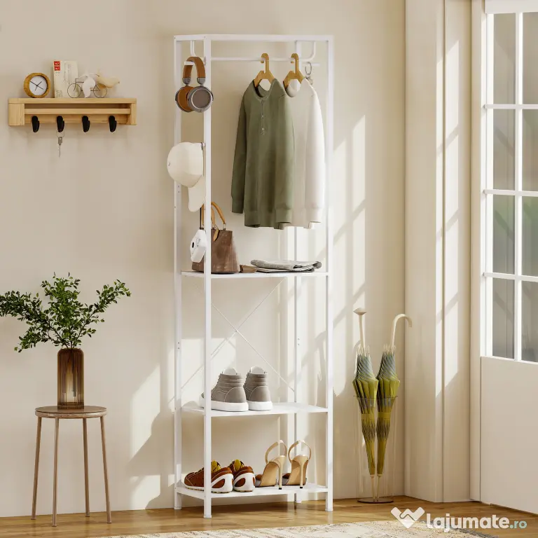 HOMCOM Cuiere de Intrare cu Suport pentru Încălțăminte, Bară pentru Haine, 4 Cârlige, Raft Superior și 2 Rafturi pentru Încălțăminte, 52x30x180 cm, Alb | Aosom Romania