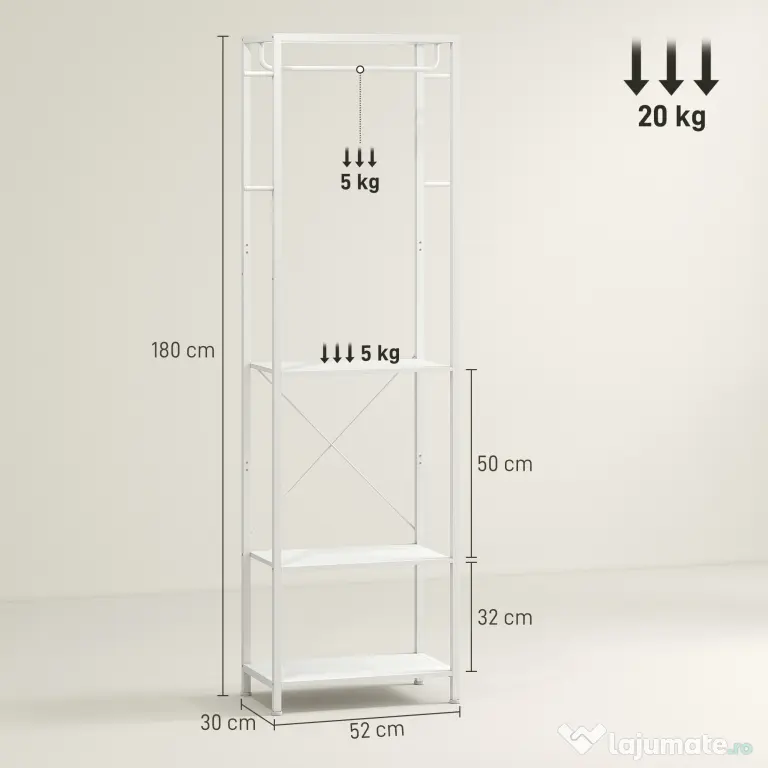 HOMCOM Cuiere de Intrare cu Suport pentru Încălțăminte, Bară pentru Haine, 4 Cârlige, Raft Superior și 2 Rafturi pentru Încălțăminte, 52x30x180 cm, Alb | Aosom Romania