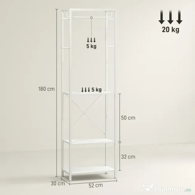 HOMCOM Cuiere de Intrare cu Suport pentru Încălțăminte, Bară pentru Haine, 4 Cârlige, Raft Superior și 2 Rafturi pentru Încălțăminte, 52x30x180 cm, Alb | Aosom Romania