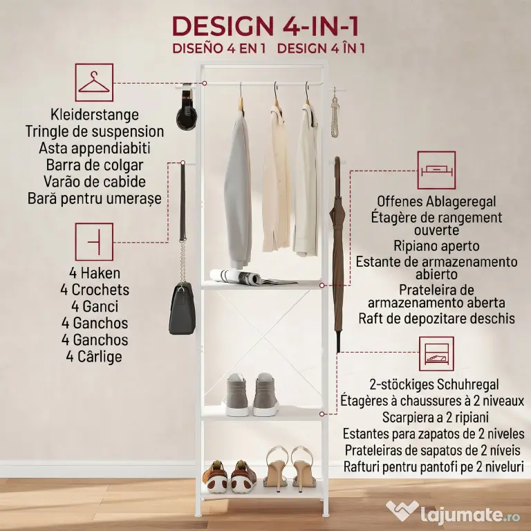 HOMCOM Cuiere de Intrare cu Suport pentru Încălțăminte, Bară pentru Haine, 4 Cârlige, Raft Superior și 2 Rafturi pentru Încălțăminte, 52x30x180 cm, Alb | Aosom Romania