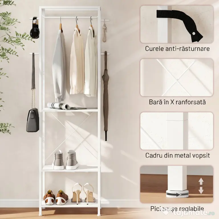HOMCOM Cuiere de Intrare cu Suport pentru Încălțăminte, Bară pentru Haine, 4 Cârlige, Raft Superior și 2 Rafturi pentru Încălțăminte, 52x30x180 cm, Alb | Aosom Romania