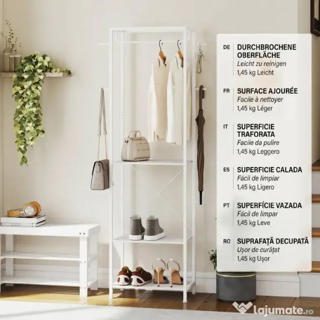 HOMCOM Cuiere de Intrare cu Suport pentru Încălțăminte, Bară pentru Haine, 4 Cârlige, Raft Superior și 2 Rafturi pentru Încălțăminte, 52x30x180 cm, Alb | Aosom Romania