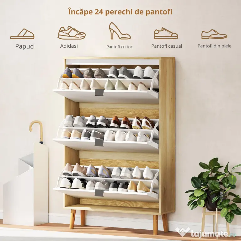 HOMCOM Dulap de pantofi subțire modern cu 3 sertare rabatabile pentru 24 de perechi de pantofi, Alb | Aosom Romania