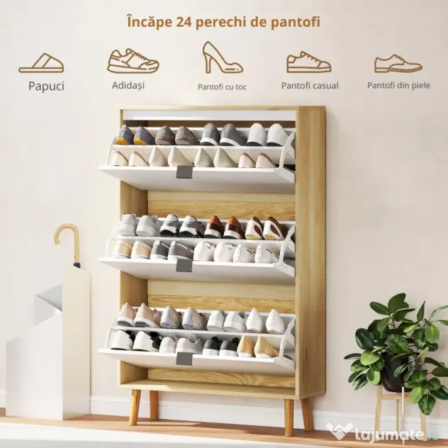 HOMCOM Dulap de pantofi subțire modern cu 3 sertare rabatabile pentru 24 de perechi de pantofi, Alb | Aosom Romania