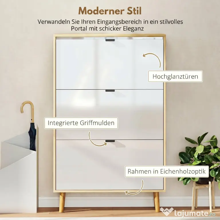 HOMCOM Dulap de pantofi subțire modern cu 3 sertare rabatabile pentru 24 de perechi de pantofi, Alb | Aosom Romania