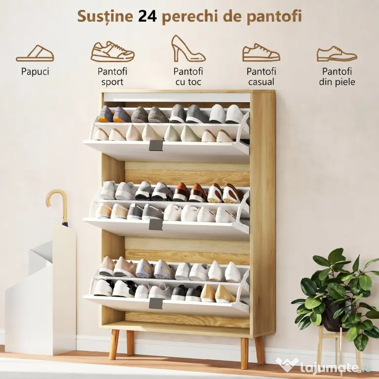 HOMCOM Dulap de pantofi subțire modern cu 3 sertare rabatabile pentru 24 de perechi de pantofi, Alb | Aosom Romania