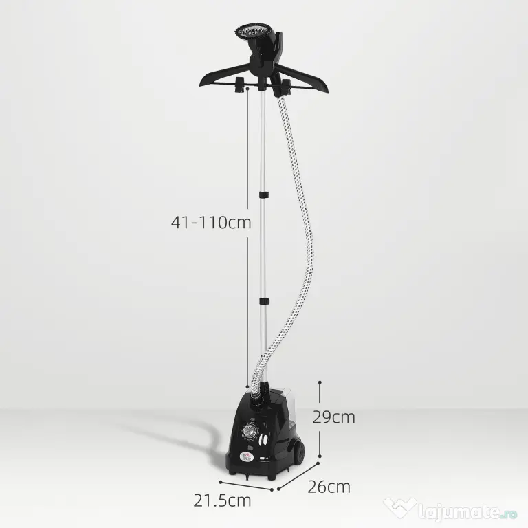 HOMCOM Aparat de Călcat Vertical cu Abur de 1.4L cu Bară Extensibilă și 2 Roți, din ABS și PP, 26x21.5x29 cm, Negru