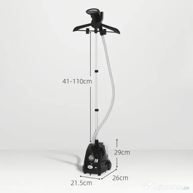 HOMCOM Aparat de Călcat Vertical cu Abur de 1.4L cu Bară Extensibilă și 2 Roți, din ABS și PP, 26x21.5x29 cm, Negru