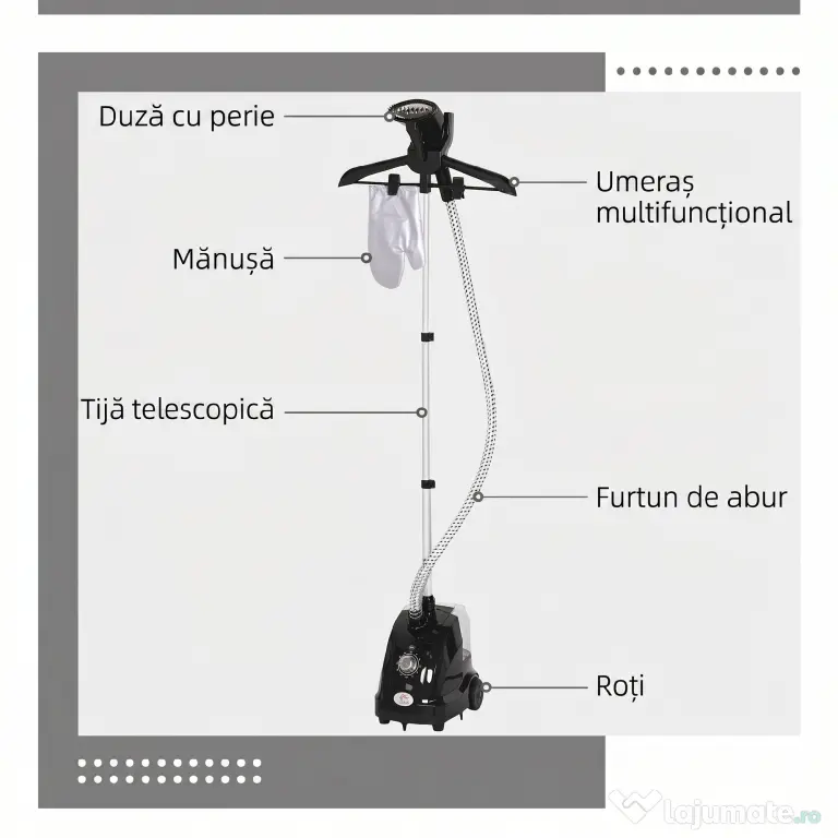 HOMCOM Aparat de Călcat Vertical cu Abur de 1.4L cu Bară Extensibilă și 2 Roți, din ABS și PP, 26x21.5x29 cm, Negru