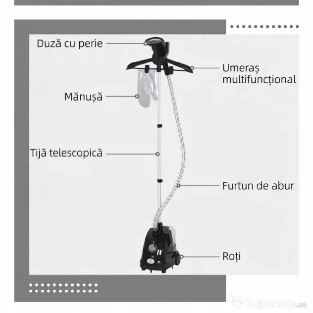 HOMCOM Aparat de Călcat Vertical cu Abur de 1.4L cu Bară Extensibilă și 2 Roți, din ABS și PP, 26x21.5x29 cm, Negru