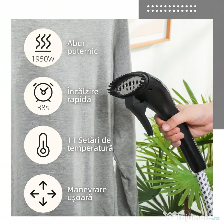 HOMCOM Aparat de Călcat Vertical cu Abur de 1.4L cu Bară Extensibilă și 2 Roți, din ABS și PP, 26x21.5x29 cm, Negru